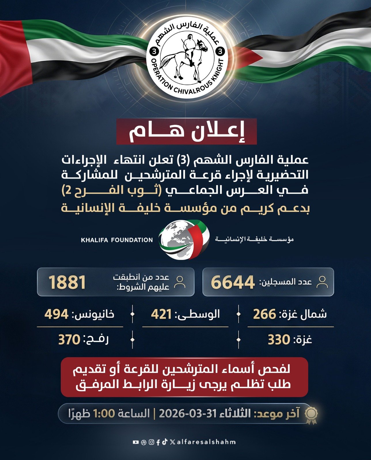 مرفق رابط فحص الأسماء .. عملية الفارس الشهم (3) تُعلن استكمال التحضيرات لإجراء قرعة العرس الجماعي “ثوب الفرح 2”